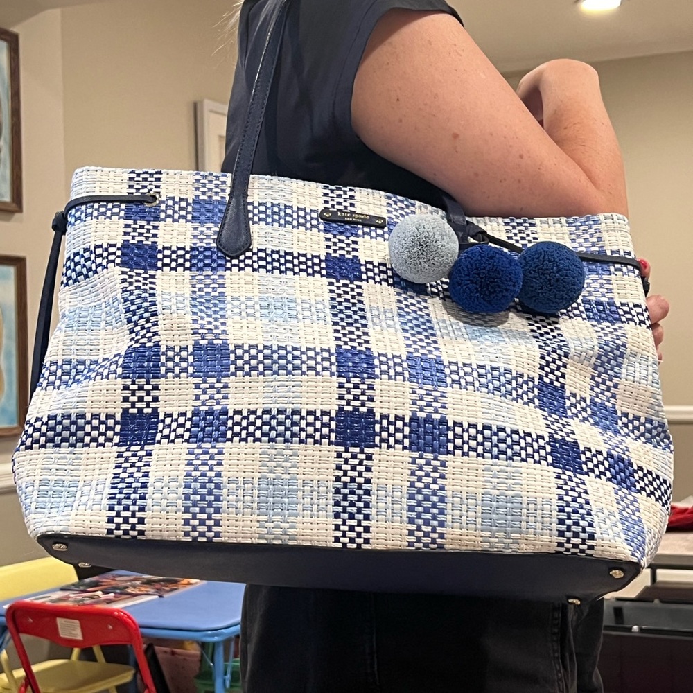 Kate Spade Blue and White plaid tote bag, silver hardware, blue Pom poms